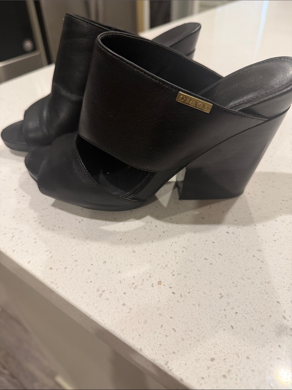 Calvin Klein Black Open-Toe Chunky Heel Mules- Black - Size 7